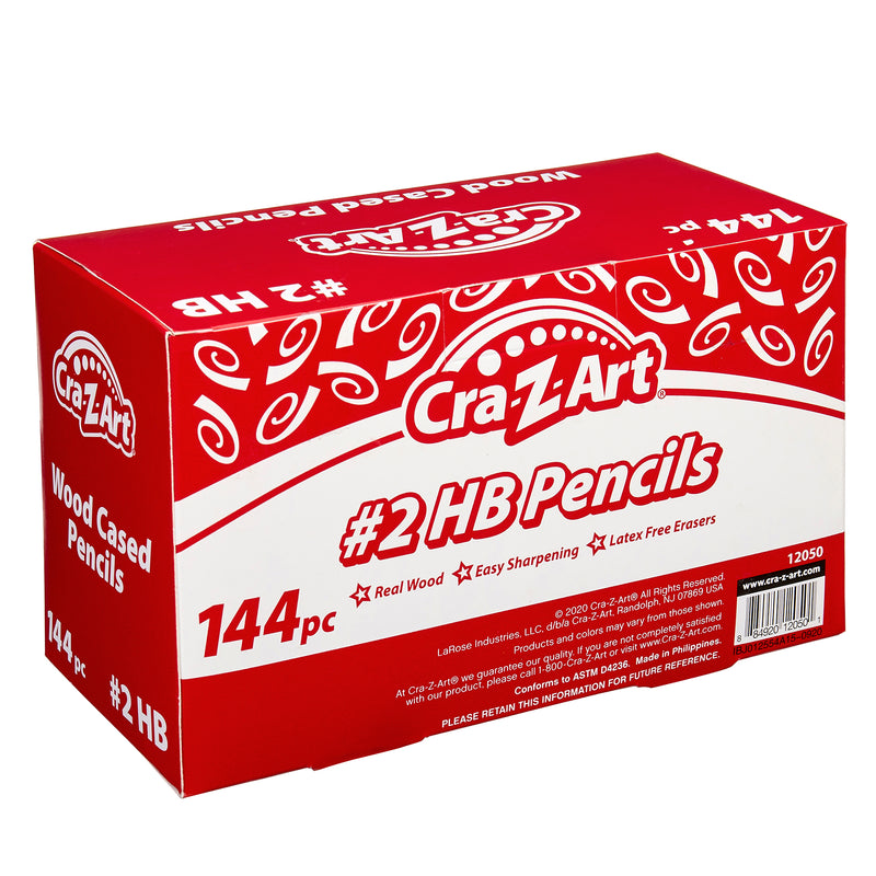 A red and white box labeled "Cra-Z-Art #2 Pencils Dispenser Box 144 Count" containing 144 pieces. The box mentions features like real wood, easy sharpening, and latex-free erasers.