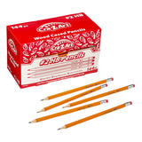 A box of Cra-Z-Art #2 Pencils Dispenser Box 144 Count containing 144 pre-sharpened pencils, with five yellow pencils lying in front of the box.