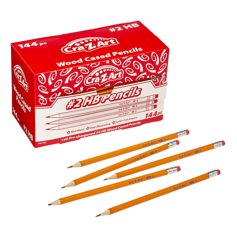 A box of Cra-Z-Art #2 Pencils Dispenser Box 144 Count containing 144 pre-sharpened pencils, with five yellow pencils lying in front of the box.
