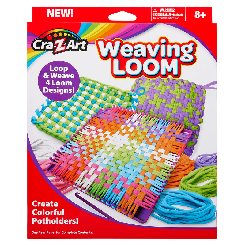 Image of a Cra-Z-Art Weaving Loom: Colorful & Creative Crafting Joy, Easy Square Panel Creations! packaging. It features three woven potholders in various colors and text stating "Loop & Weave 4 Loom Designs!" and "Create Colorful Potholders!" for ages 8 and up.