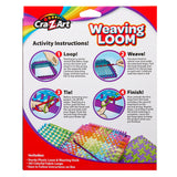 Cra-Z-Art Weaving Loom: Colorful & Creative Crafting Joy, Easy Square Panel Creations! instructions detailing four steps: Loop, Weave, Tie, and Finish. Includes a sturdy plastic loom, weaving hook, 165 colorful fabric loops, and easy-to-follow instructions.