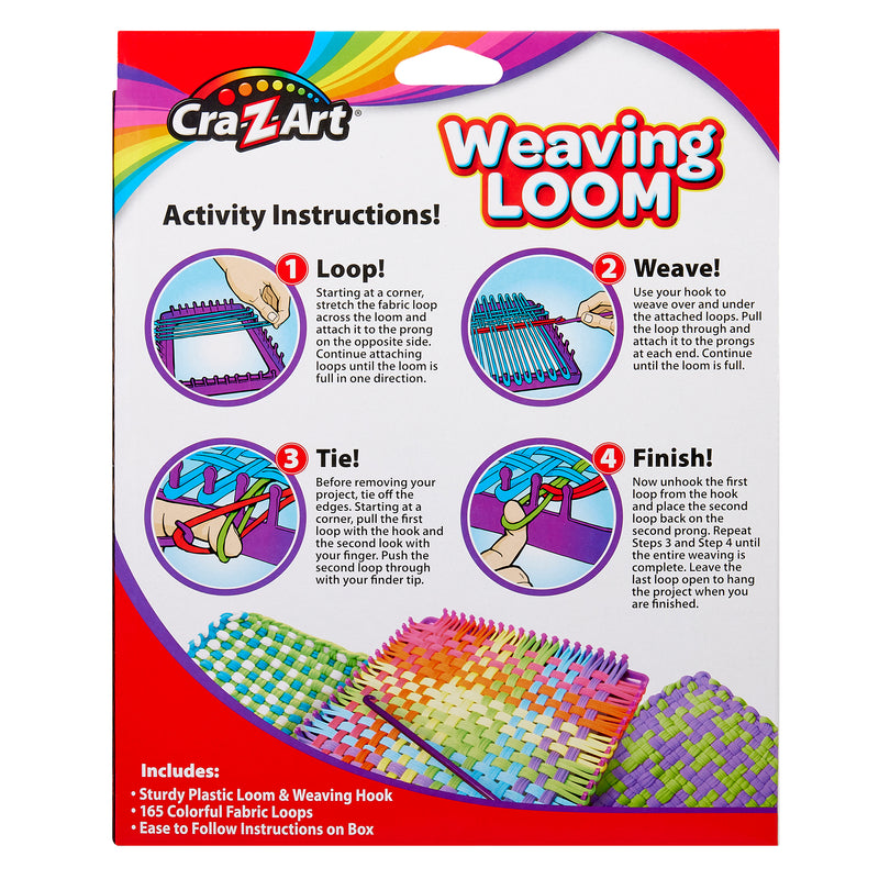 Cra-Z-Art Weaving Loom: Colorful & Creative Crafting Joy, Easy Square Panel Creations! instructions detailing four steps: Loop, Weave, Tie, and Finish. Includes a sturdy plastic loom, weaving hook, 165 colorful fabric loops, and easy-to-follow instructions.