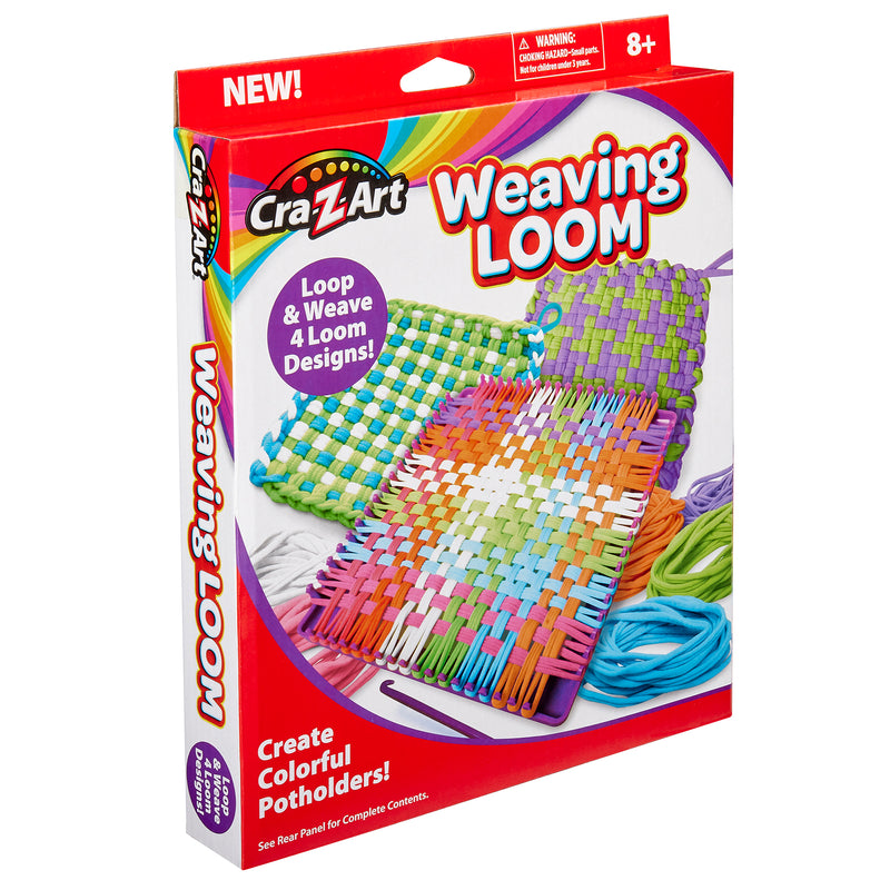 Cra-Z-Art Weaving Loom: Colorful & Creative Crafting Joy, Easy Square Panel Creations! kit packaging showing colorful potholders and materials. Text includes, "NEW!", "Loop & Weave 4 Loom Designs!", and "Create Colorful Potholders!" For ages 8 and up.
