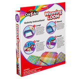 Image of a Cra-Z-Art Weaving Loom: Colorful & Creative Crafting Joy, Easy Square Panel Creations! kit box. The front includes instructions for weaving, with steps labeled: Loop, Weave, Tie, and Finish. The kit includes a loom, hook, loops, and illustrated instructions.