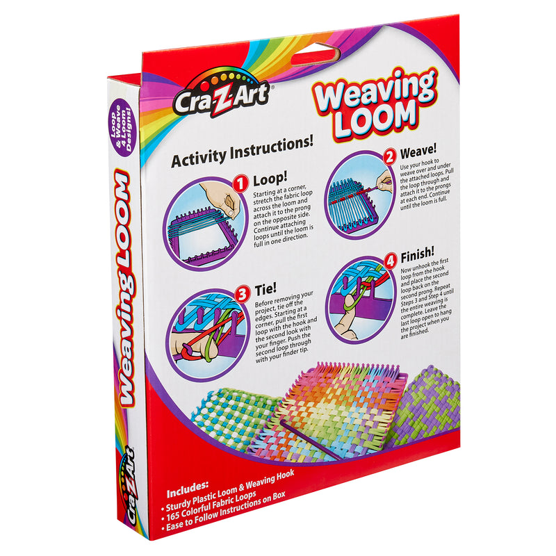Image of a Cra-Z-Art Weaving Loom: Colorful & Creative Crafting Joy, Easy Square Panel Creations! kit box. The front includes instructions for weaving, with steps labeled: Loop, Weave, Tie, and Finish. The kit includes a loom, hook, loops, and illustrated instructions.
