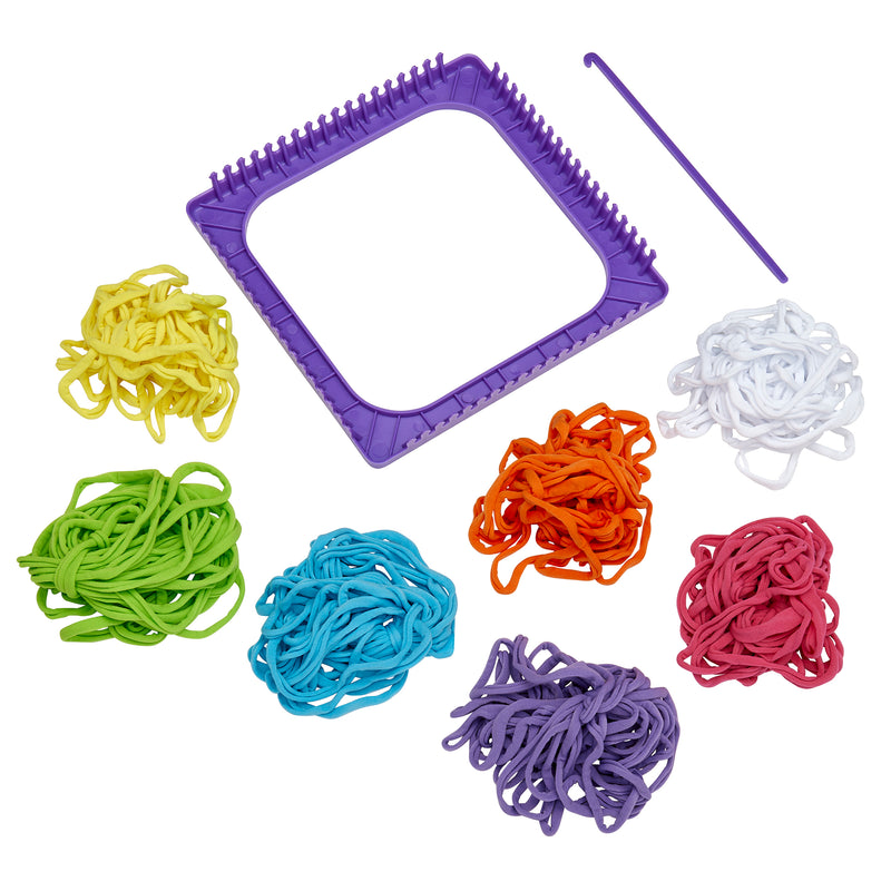 A Cra-Z-Art Weaving Loom: Colorful & Creative Crafting Joy, Easy Square Panel Creations! with a hook tool and eight bundles of colorful loops in green, yellow, blue, light blue, purple, red, orange, and white, arranged around the loom.