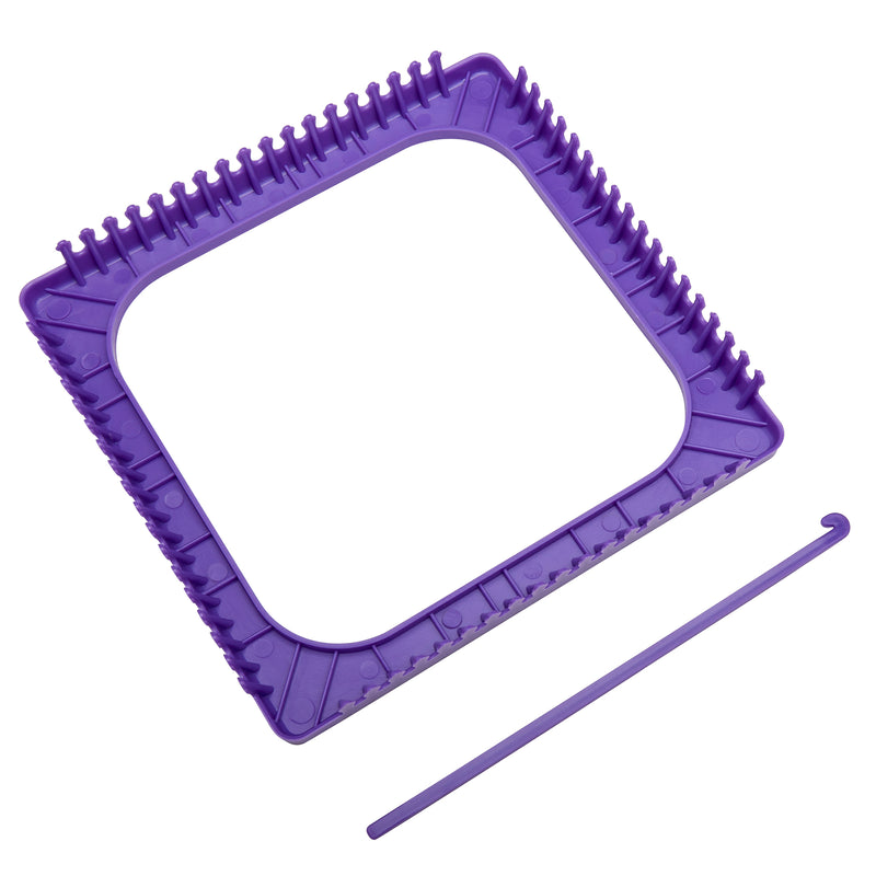 A Cra-Z-Art Weaving Loom: Colorful & Creative Crafting Joy, Easy Square Panel Creations! with pegs around the edges and a thin, straight hook tool lying next to it.