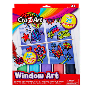 Image of Cra-Z-Art Window Art Kit: Create Colorful Masterpieces, 25+ Designs, Easy Peel-and-Stick Fun! packaging, featuring paint, peel-and-stick sheets, and designs for making window decorations. Package highlights having over 25 designs and includes paint bottles and sheets.