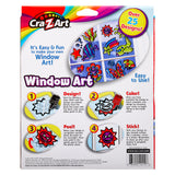 Back of Cra-Z-Art Window Art Kit: Create Colorful Masterpieces, 25+ Designs, Easy Peel-and-Stick Fun! package showing steps to design, color, peel, and stick with colorful illustrations. Includes a "Over 25 Designs!" label.