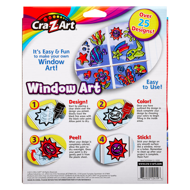 Back of Cra-Z-Art Window Art Kit: Create Colorful Masterpieces, 25+ Designs, Easy Peel-and-Stick Fun! package showing steps to design, color, peel, and stick with colorful illustrations. Includes a "Over 25 Designs!" label.