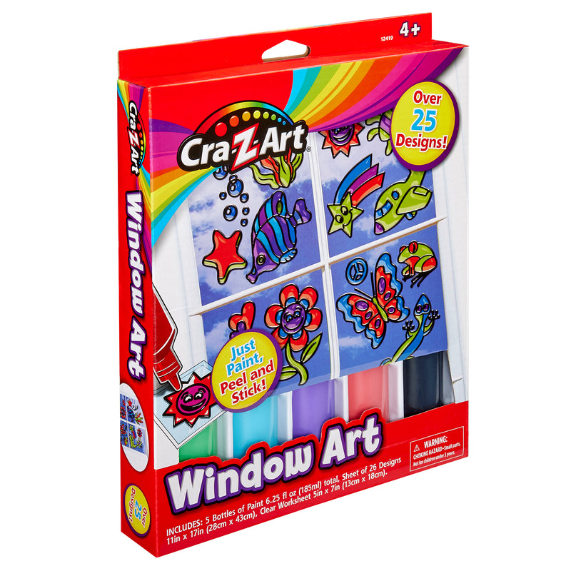 Cra-Z-Art Window Art Kit: Create Colorful Masterpieces, 25+ Designs, Easy Peel-and-Stick Fun! packaging showing vibrant window designs and paint bottles. Text highlights "Over 25 Designs" and "Just Paint, Peel and Stick!" Suitable for ages 4 and up.