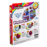 Back of Cra-Z-Art Window Art Kit: Create Colorful Masterpieces, 25+ Designs, Easy Peel-and-Stick Fun! box featuring instructions for designing, coloring, peeling, and sticking over 25 window art designs. The box shows colorful examples and has a rainbowed top border.
