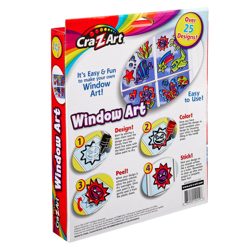 Back of Cra-Z-Art Window Art Kit: Create Colorful Masterpieces, 25+ Designs, Easy Peel-and-Stick Fun! box featuring instructions for designing, coloring, peeling, and sticking over 25 window art designs. The box shows colorful examples and has a rainbowed top border.