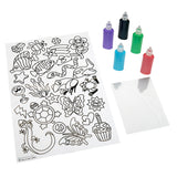 A Cra-Z-Art Window Art Kit: Create Colorful Masterpieces, 25+ Designs, Easy Peel-and-Stick Fun!, five small bottles of colored paint, and a blank transparent sheet are displayed.
