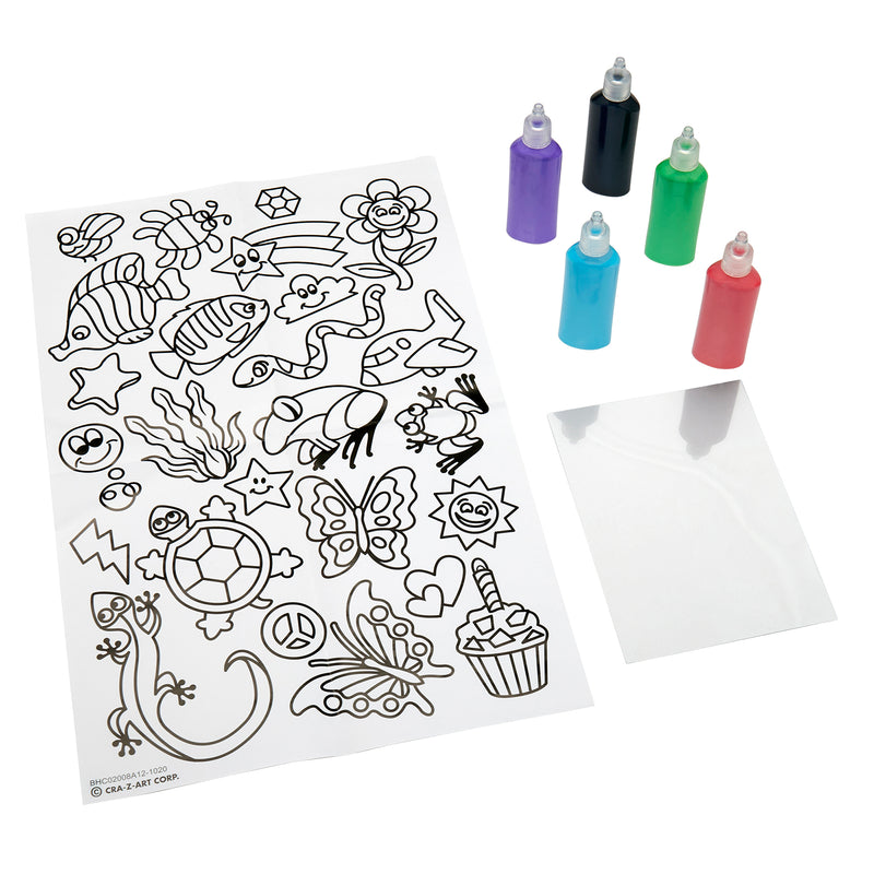 A Cra-Z-Art Window Art Kit: Create Colorful Masterpieces, 25+ Designs, Easy Peel-and-Stick Fun!, five small bottles of colored paint, and a blank transparent sheet are displayed.