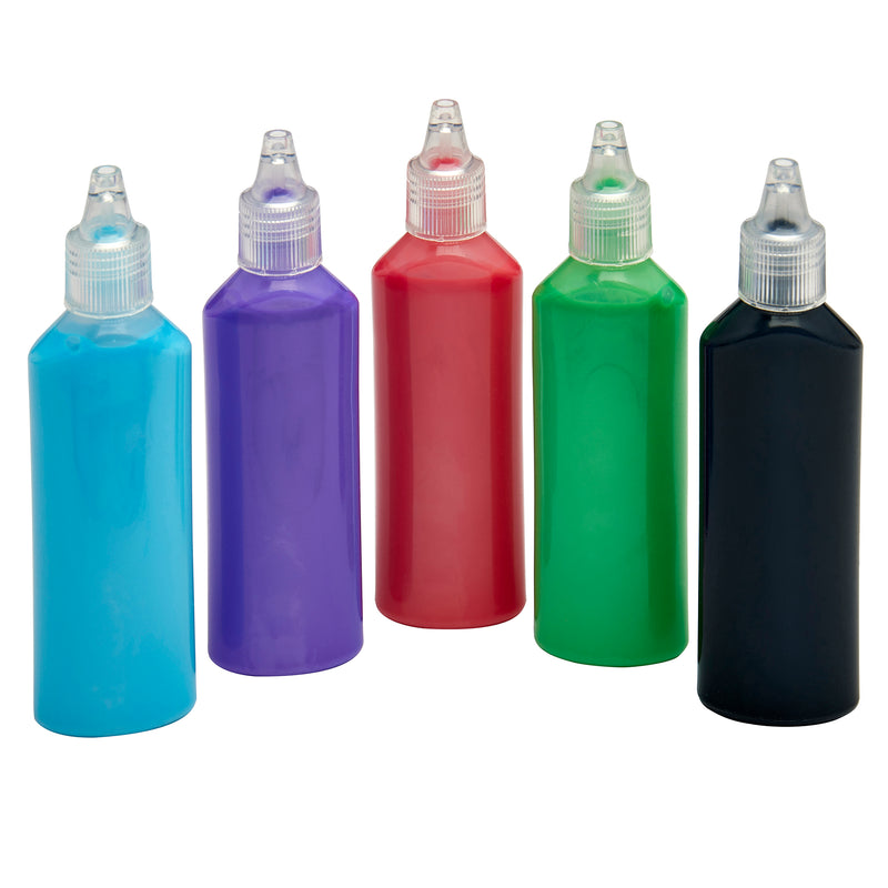 Five opaque squeeze bottles containing different colored paint, arranged in a row. Colors include light blue, purple, red, green, and black, each with a clear plastic cap from the Cra-Z-Art Window Art Kit: Create Colorful Masterpieces, 25+ Designs, Easy Peel-and-Stick Fun!