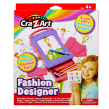 Cra-Z-Art Fashion Designer: Portable On-the-Go Fun, Create Endless Stylish Designs Anywhere! kit for ages 4+, including fashion design cases, crayons, colored pencils, and paper sheets for creating various designs. Packaging shows a smiling child and design examples.