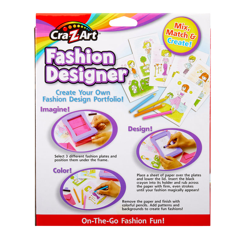 Cra-Z-Art Fashion Designer: Portable On-the-Go Fun, Create Endless Stylish Designs Anywhere! package featuring tools and sheets for creating custom fashion designs. The kit promotes mixing, matching, imagining, designing, and coloring fashion outfits.