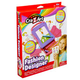 Cra-Z-Art Fashion Designer: Portable On-the-Go Fun, Create Endless Stylish Designs Anywhere! for ages 4+, featuring a portable design desk, 30+ stencils, and 5 sheets of paper. Create fashion designs on the go.