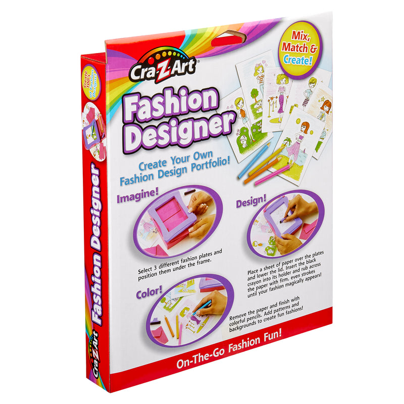 Cra-Z-Art Fashion Designer: Portable On-the-Go Fun, Create Endless Stylish Designs Anywhere! featuring various tools and templates for creating a fashion design portfolio. The packaging displays sample designs and highlights the mix, match, and color features.