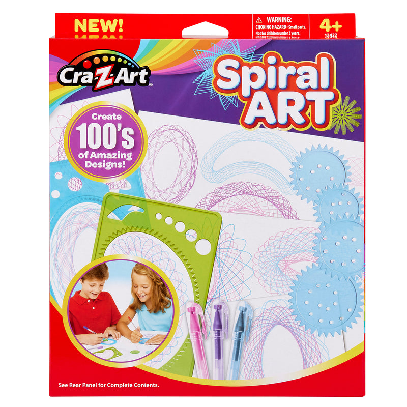 A colorful packaging displaying a Cra-Z-Art Spiral Art: Ultimate Spinning Design Kit with 3 Pens, Frames, and Wheels!, which includes design templates, drawing tools, and a picture of two children using the kit. Suitable for ages 4 and up.