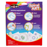 A box of Cra-Z-Art Spiral Art: Ultimate Spinning Design Kit with 3 Pens, Frames, and Wheels! The text outlines four steps: Place, Pick, Draw, and Art! The bottom highlights included items: pens, wheels, frames, and paper sheets.