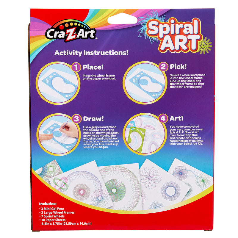 A box of Cra-Z-Art Spiral Art: Ultimate Spinning Design Kit with 3 Pens, Frames, and Wheels! The text outlines four steps: Place, Pick, Draw, and Art! The bottom highlights included items: pens, wheels, frames, and paper sheets.