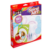 Box of Cra-Z-Art Spiral Art: Ultimate Spinning Design Kit with 3 Pens, Frames, and Wheels! for ages 4+, featuring a photo of two children using the kit and text highlighting "100’s of Amazing Designs!". Set includes templates and pens.
