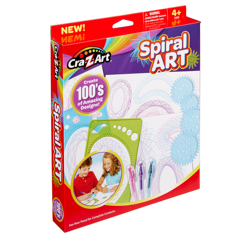 Box of Cra-Z-Art Spiral Art: Ultimate Spinning Design Kit with 3 Pens, Frames, and Wheels! for ages 4+, featuring a photo of two children using the kit and text highlighting "100’s of Amazing Designs!". Set includes templates and pens.
