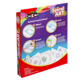 A box labeled "Cra-Z-Art Spiral Art: Ultimate Spinning Design Kit with 3 Pens, Frames, and Wheels!" with instructions on how to use the kit and a display of completed spiral art designs. The kit includes 3 wheels, 1 frame, 2 gel pens, and 10 sheets of paper.