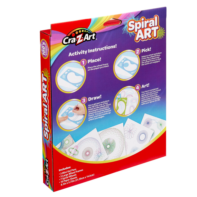 A box labeled "Cra-Z-Art Spiral Art: Ultimate Spinning Design Kit with 3 Pens, Frames, and Wheels!" with instructions on how to use the kit and a display of completed spiral art designs. The kit includes 3 wheels, 1 frame, 2 gel pens, and 10 sheets of paper.