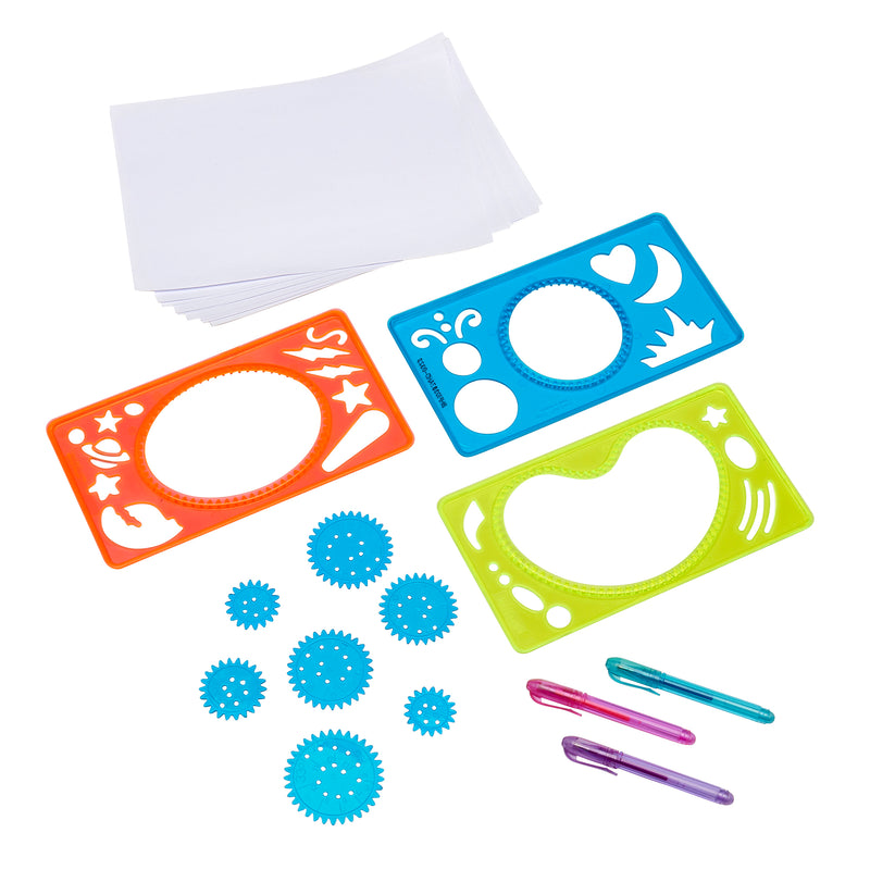 A Cra-Z-Art Spiral Art: Ultimate Spinning Design Kit with 3 Pens, Frames, and Wheels! with blue, orange, and green stencil templates, various blue gears, two pens in pink and blue, and a stack of blank white paper.