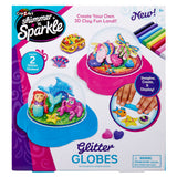 Shimmer 'n Sparkle Glitter Globes: Create Colorful 3D Keepsake Art with Glitter Magic! The box shows two glitter globes filled with colorful, fun clay figures with the instructions "Imagine, Create & Display!." Suitable for ages 6 and up.
