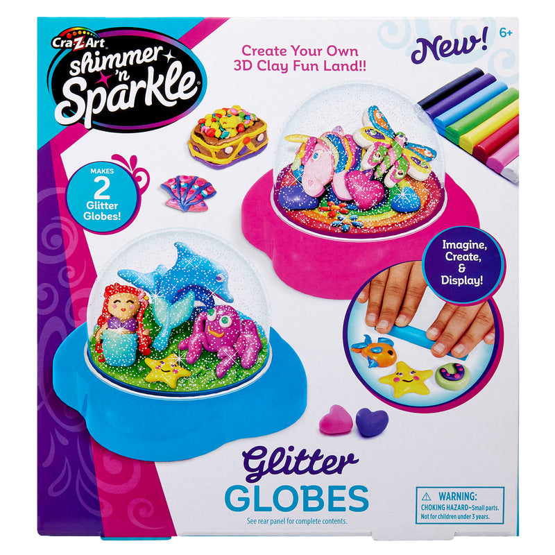 Shimmer 'n Sparkle Glitter Globes: Create Colorful 3D Keepsake Art with Glitter Magic! The box shows two glitter globes filled with colorful, fun clay figures with the instructions "Imagine, Create & Display!." Suitable for ages 6 and up.