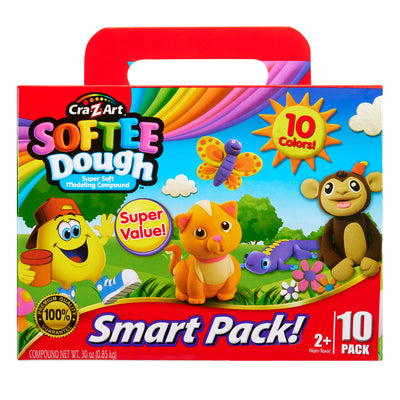 A box of Softee Dough Box 10 Count modeling compound featuring colorful illustrations of characters and the text "10 Colors!" and "Super Value!" on the packaging.