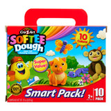 Photograph of a colorful box of Softee Dough Box 10 Count, featuring 10 colors of super soft modeling compound. The box has playful characters and is labeled as a value pack suitable for ages 2 and up.