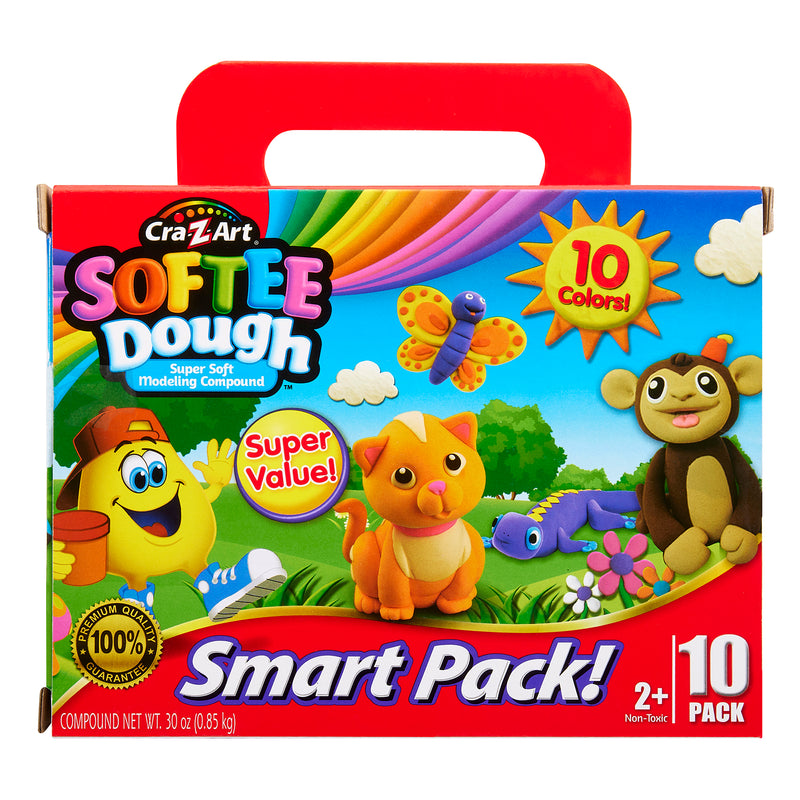 Photograph of a colorful box of Softee Dough Box 10 Count, featuring 10 colors of super soft modeling compound. The box has playful characters and is labeled as a value pack suitable for ages 2 and up.