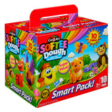 A box of Softee Dough Box 10 Count with 10 colors, featuring cartoon animals and a rainbow. The packaging advertises "Super Soft Modeling Compound" and "Super Value". Recommended for ages 2 and up.