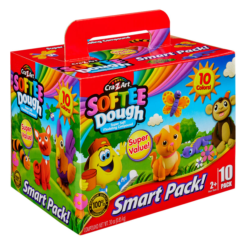 A box of Softee Dough Box 10 Count with 10 colors, featuring cartoon animals and a rainbow. The packaging advertises "Super Soft Modeling Compound" and "Super Value". Recommended for ages 2 and up.