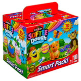 A colorful box of Softee Dough Box 10 Count, featuring 10 bright colors and images of playful animal figures, with text highlighting "Super Value!" and "Smart Pack!" for ages 2 and up.