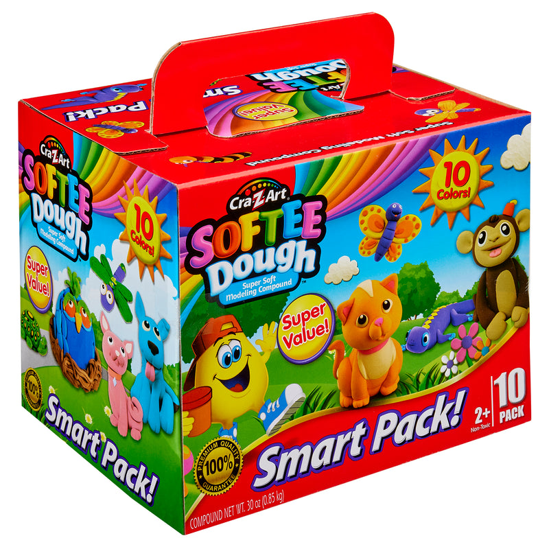 A colorful box of Softee Dough Box 10 Count, featuring 10 bright colors and images of playful animal figures, with text highlighting "Super Value!" and "Smart Pack!" for ages 2 and up.