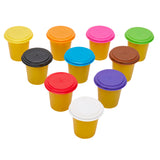 Ten Softee Dough Box 10 Count containers with lids in various colors, including white, red, black, blue, brown, green, pink, orange, and yellow, arranged in a triangular pattern.