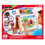 Cra-Z-Art 16 x 12 inch Wooden Tabletop Easel: 5-in-1 Creativity Station with Complete Art Supplies! with a child drawing on it. Features 60+ pieces, a 5-in-1 portable design, and is suitable for ages 6+. Includes paint, chalk, markers, paper, and more.
