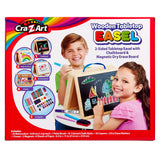 Box containing a Cra-Z-Art 16 x 12 inch Wooden Tabletop Easel: 5-in-1 Creativity Station with Complete Art Supplies! A smiling boy and girl are shown using the easel, creating colorful drawings on the chalkboard.