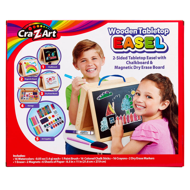 Box containing a Cra-Z-Art 16 x 12 inch Wooden Tabletop Easel: 5-in-1 Creativity Station with Complete Art Supplies! A smiling boy and girl are shown using the easel, creating colorful drawings on the chalkboard.