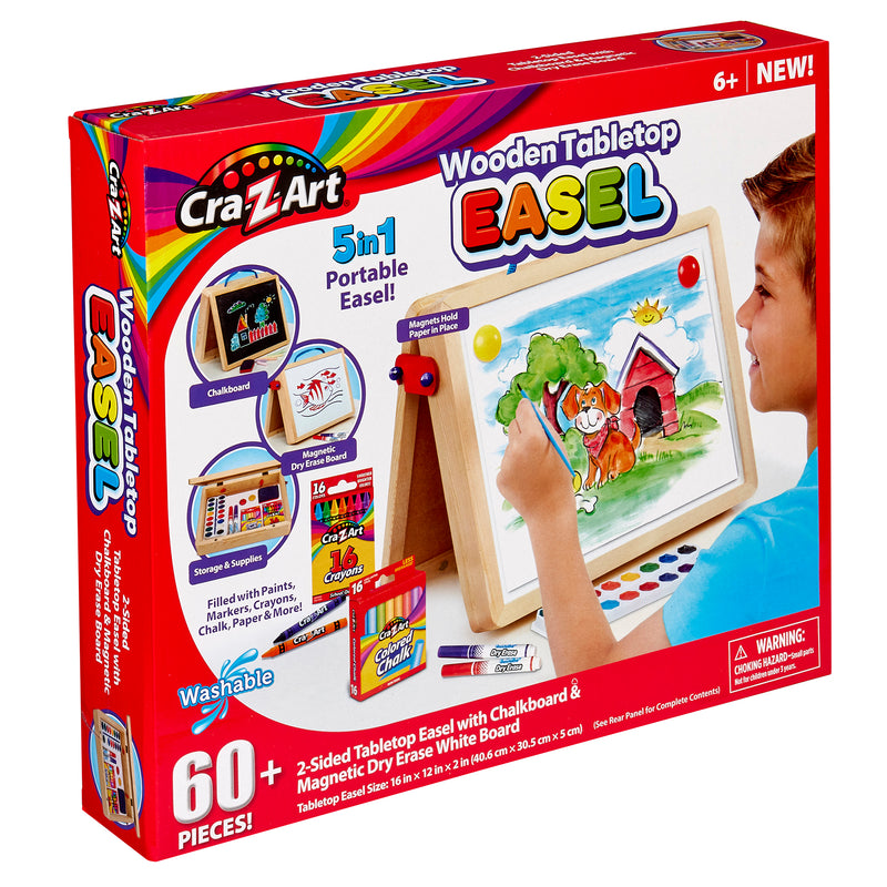 A boxed Cra-Z-Art 16 x 12 inch Wooden Tabletop Easel: 5-in-1 Creativity Station with Complete Art Supplies!, featuring 5-in-1 functions with over 60 pieces, including a chalkboard, dry erase board, paints, brushes, and more. For ages 6 and up.