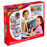 Packaging of the Cra-Z-Art 16 x 12 inch Wooden Tabletop Easel: 5-in-1 Creativity Station with Complete Art Supplies, featuring two smiling children using the product. The easel includes a chalkboard, magnetic dry erase board, crayons, markers, paint brushes, and accessories.