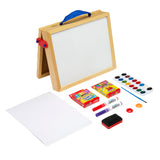 A Cra-Z-Art 16 x 12 inch Wooden Tabletop Easel: 5-in-1 Creativity Station with Complete Art Supplies!, accompanied by paper, crayons, markers, a paint set, and an eraser.
