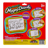 Front packaging of the "Travel Magna Doodle." The toy's features are shown including drawing, stamping, and erasing. Suitable for ages 3 and up, the set includes a magnetic board, a pen, and three stamps.