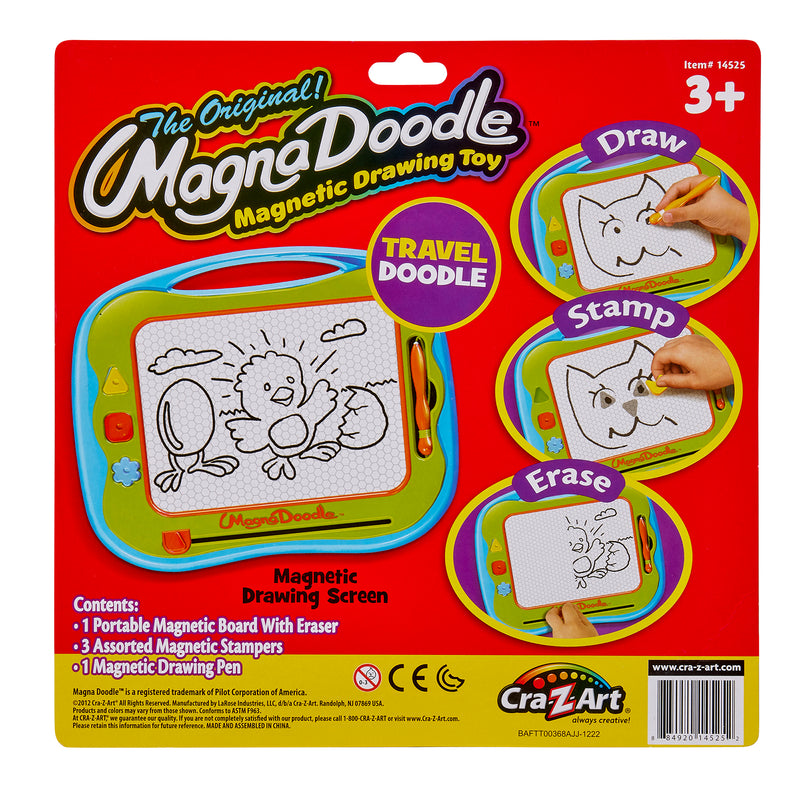 Front packaging of the "Travel Magna Doodle." The toy's features are shown including drawing, stamping, and erasing. Suitable for ages 3 and up, the set includes a magnetic board, a pen, and three stamps.